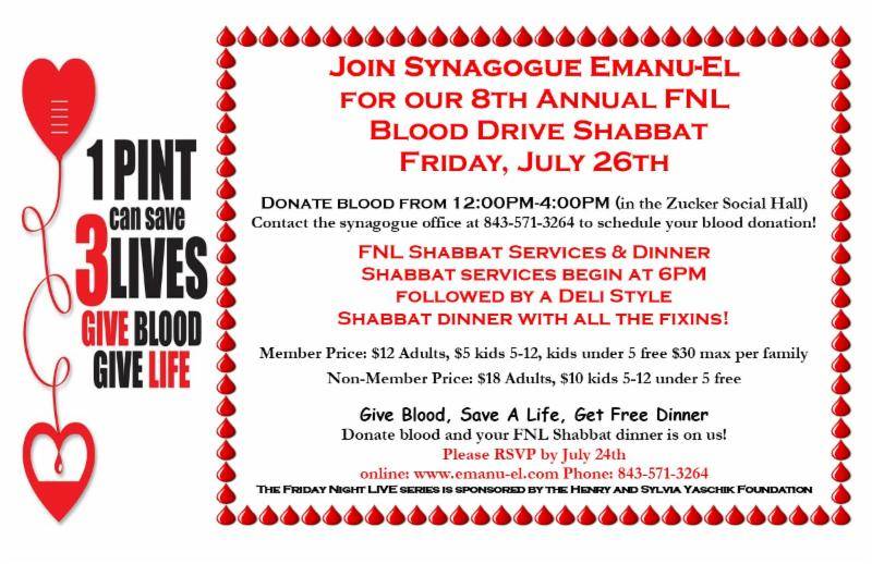 Banner Image for Blood Drive Shabbat:  FNL Dinner & Kabbalat Shabbat