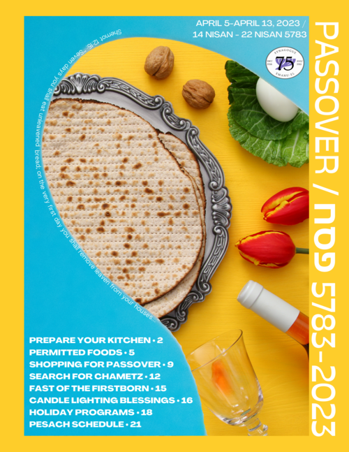 Cover of Passover 2023 guide with a picture of shmura matza on a platter, wine, and other Passover symbols